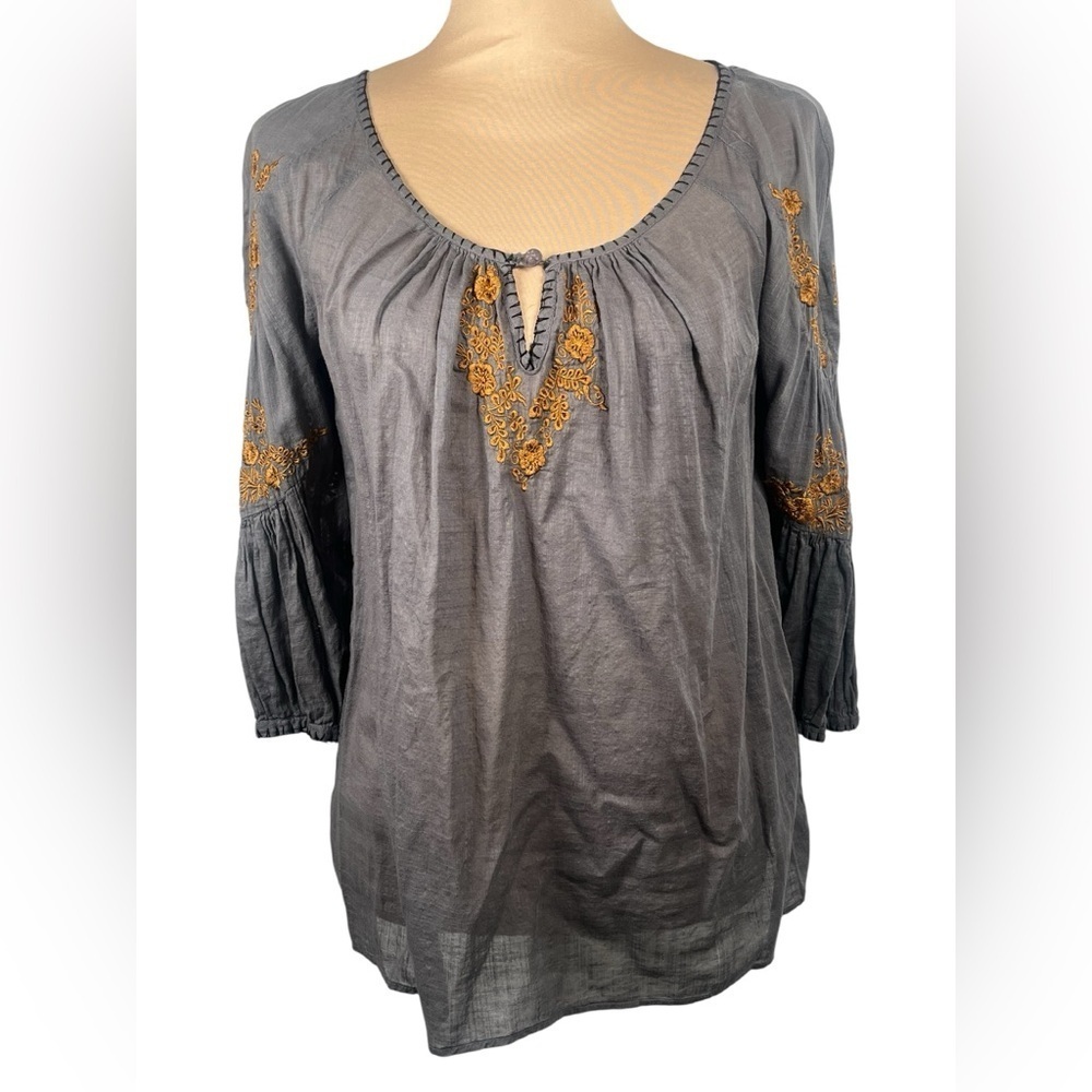 Anthropologie Floreat‎ Charcoal Blouse with Mustard Color Embroidery Size 2